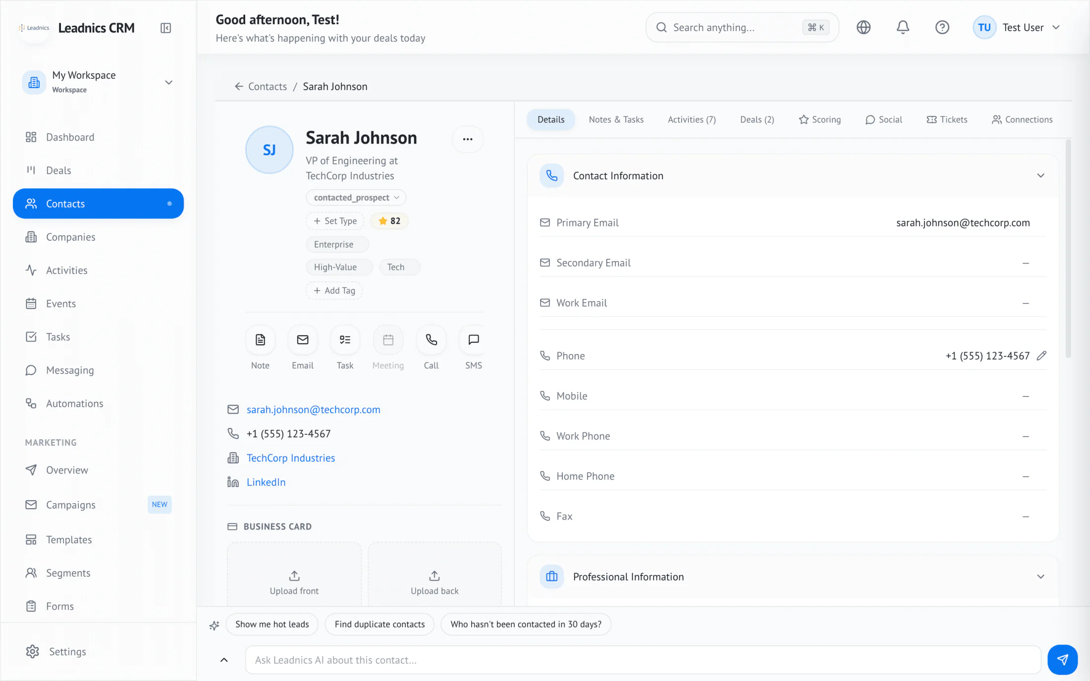 Sarah Johnson contact card with score 82, tags Enterprise/High-Value/Tech, and full enrichment