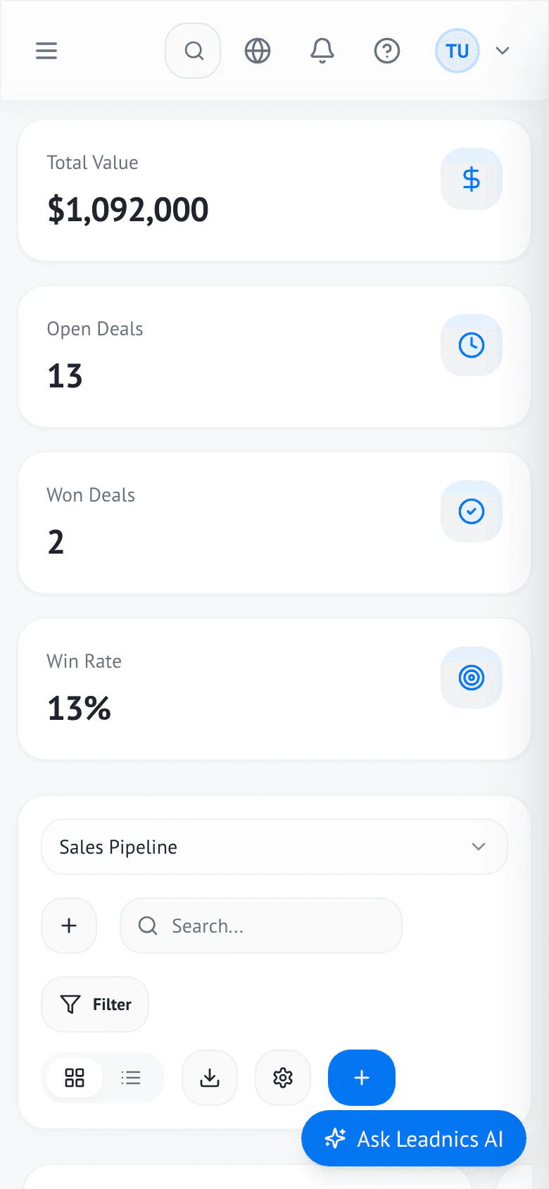 Leadnics capture app turning a scanned card into a CRM contact